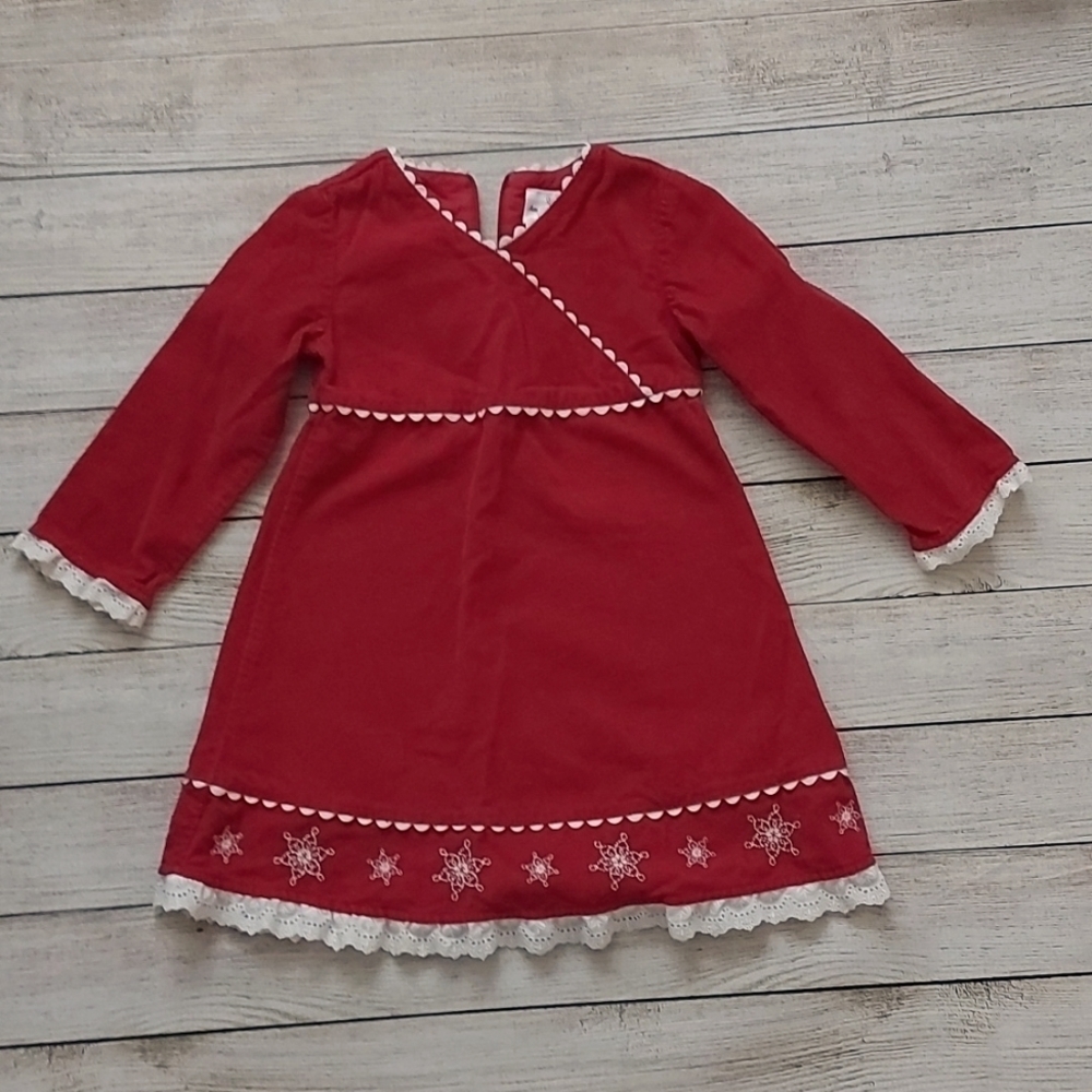 Hanna Andersson Red Corduroy Faux Wrap Dress with Lace/Embroidery Size 4